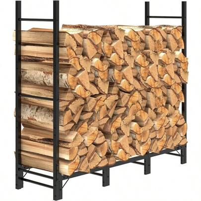 4Ft Outdoor Indoor Firewood Rack, Adjustable Metal Log Holder For Fireplace, Heavy Duty Wood Pile Storage Organizer Stacker Stand, Black