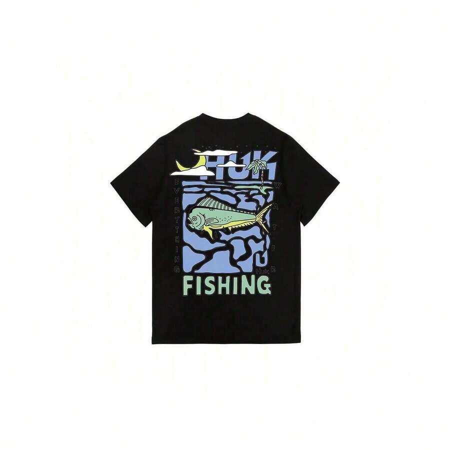180g Cotton White Short Sleeve-Shirt Men Huk With Vibrant Fish Print - Comfortable Fit, Round Neck, Washable, Outdoor And Casual Use, Fishing Gear - 黑色 - 查看 1