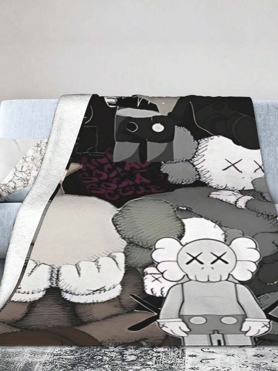 1pc Kawss Kawaii Kaw Anime Glam Style Flannel Blanket Super Soft Warm Bed Blanket Sofa Bedding Bedroom Sofa Office Car Four Seasons Cozy Shaggy Blanket Girls Boys Adult Gift - màu đen - Xem 1
