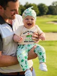 Conjunto de golf para bebé recién nacido de 0 a 12 meses: Empaquetando mis pañales, quot;Voy a jugar al golf con papáquot;, mameluco, pantalón y sombrero, conjunto de 3 piezas - Verde claro - Ver 7