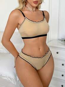 Conjunto de lencería inalámbrica de tono de piel para mujer, conjunto de sujetador y pantie cómodo con ribete de volantes sólido acanalado y sexy - Albaricoque - Ver 3