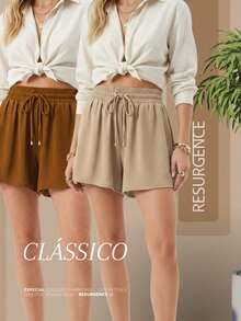Women's Loose-Fitting High-Waisted Shorts With Elastic Waist, Comfortable, Duna Fabric, Casual, Chic, Everyday, Lightweight, Basic, Blogger Style, Knit Fabric, Faux Drawstring, Women's Fashion, Home, Beach, Vacation, Diary, Brunch, Travel, Spring, Summer - 紫丁香色 - 查看 1