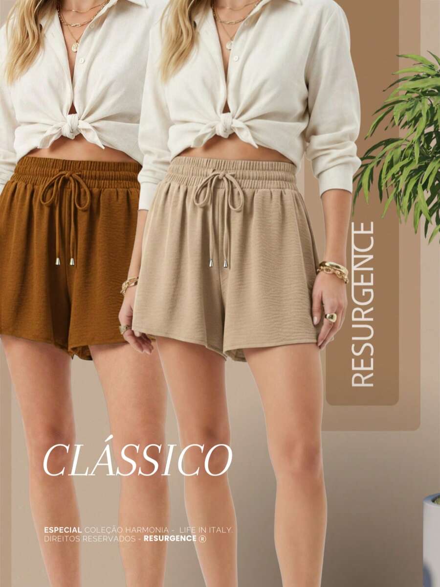 Women's Loose-Fitting High-Waisted Shorts With Elastic Waist, Comfortable, Duna Fabric, Casual, Chic, Everyday, Lightweight, Basic, Blogger Style, Knit Fabric, Faux Drawstring, Women's Fashion, Home, Beach, Vacation, Diary, Brunch, Travel, Spring, Summer - 紫丁香色 - 查看 1