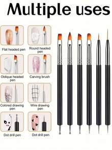 6pcs Double-Ended Nail Art Pens & Dotting Tools Set, 6pcs Acrylic Black Nail Art Design Tool Kit Including Nail Art Pens, French Liner, Detailing Brush, Dotting Pen, Gel Polish Extension Brush, Suitable For Nail Salon And DIY Home Manicure - Black - View 2