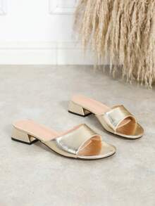 Women's Fashion Metal Material Strap Open Toe Low Heel Slides, Comfortable Versatile Non-Slip Chunky Heel Sandals - Gold - View 6