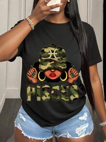 Pisces Zodiac Sign Graphic Shirt With Camouflage Design And Bold Lettering Featuring A Stylish Woman Wearing Hat And Gold Hoop Earrings Perfect For Astrology Lovers And Horoscope Enthusiasts Casual Wear For Everyday Outfits And Zodiac Themed Events - 黑色2 - 查看 1