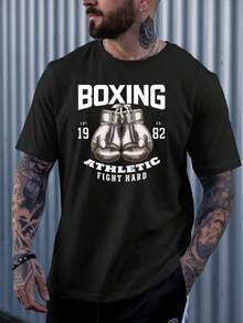 [Sporty T-Shirt]Men'S Black Boxing Graphic T-Shirt - "Boxing Athletic Fight Hard" Design, Casual Sportswear With Breathable Fabric, Perfect For Summer Outdoor, Workout, Or Street Style, Outdoor Sportswear |   Boxing Themed Shirt |   Comfortable Fit, Boxing Accessories |   Relaxed Fit |   Plus Size - 黑色 - 查看 5