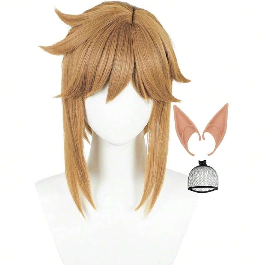 Short Brown Anime Cosplay Wig With Bangs + Elf Ears Dark Brown Game Costume Wigs For Men Women Halloween Party Daily,37994633 - 棕色 - 查看 1