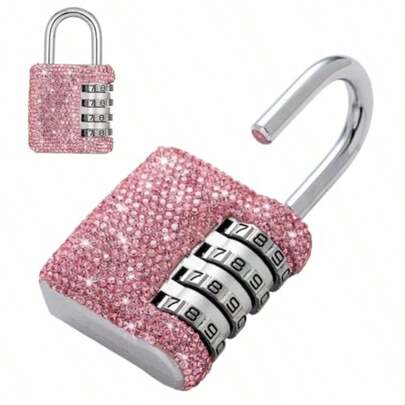 Bling Combination Lock For Locker Crystal 4 Digit Code Locks Outdoor Padlock For Gym School Sports Fence Toolbox Gate Case Room Hasp Storage Pink.Lock