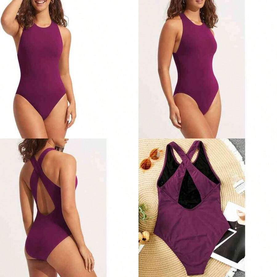 OpenHI Bsubseach Traje de Bao de Una Pieza Cuello Alto para Mujer Baador con Espalda Cruzada y Control de Barriga para Playa Surf Nadar - rojo+xl - Ver 1