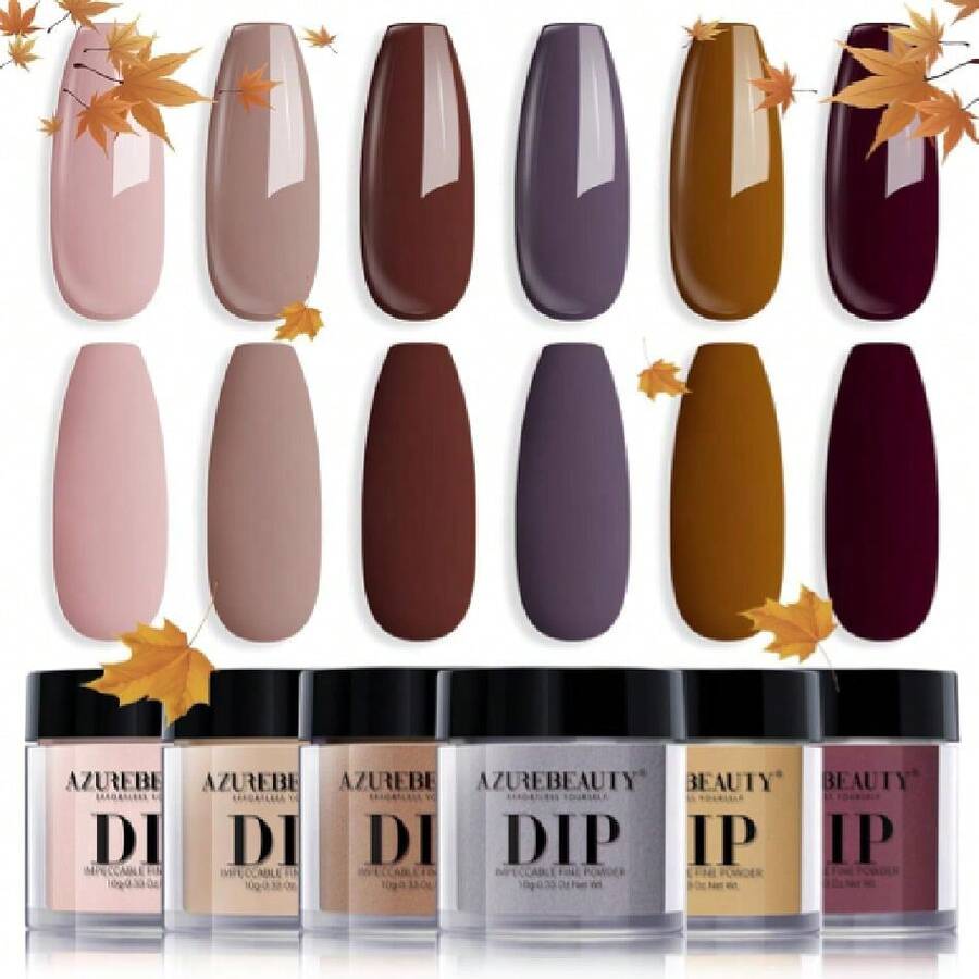 Dip Powder Nail Set, Fall Nude Dark Brown Purple Gary Natural 6 Colors Dipping Powder Starter Kit, French Nail Art Manicure DIalon, No Need Nail Cured,37983888 - 棕色 - 查看 1