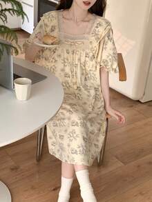 Women's Sleepwear Dress, Solid Color Square Neck Nightgown With Bow Decor, Contrast Color Cute Cartoon Casual Sleepwear Dress, Suitable For Spring And Summer Home Leisure - Apricot - View 4