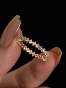 Flyleaf 1pc Luxury 925 Silver 14K Gold Plated Full Circle Colorful Cubic Zirconia Ring, Party & Daily Wear High-End Jewelry - 金子 - 查看 9