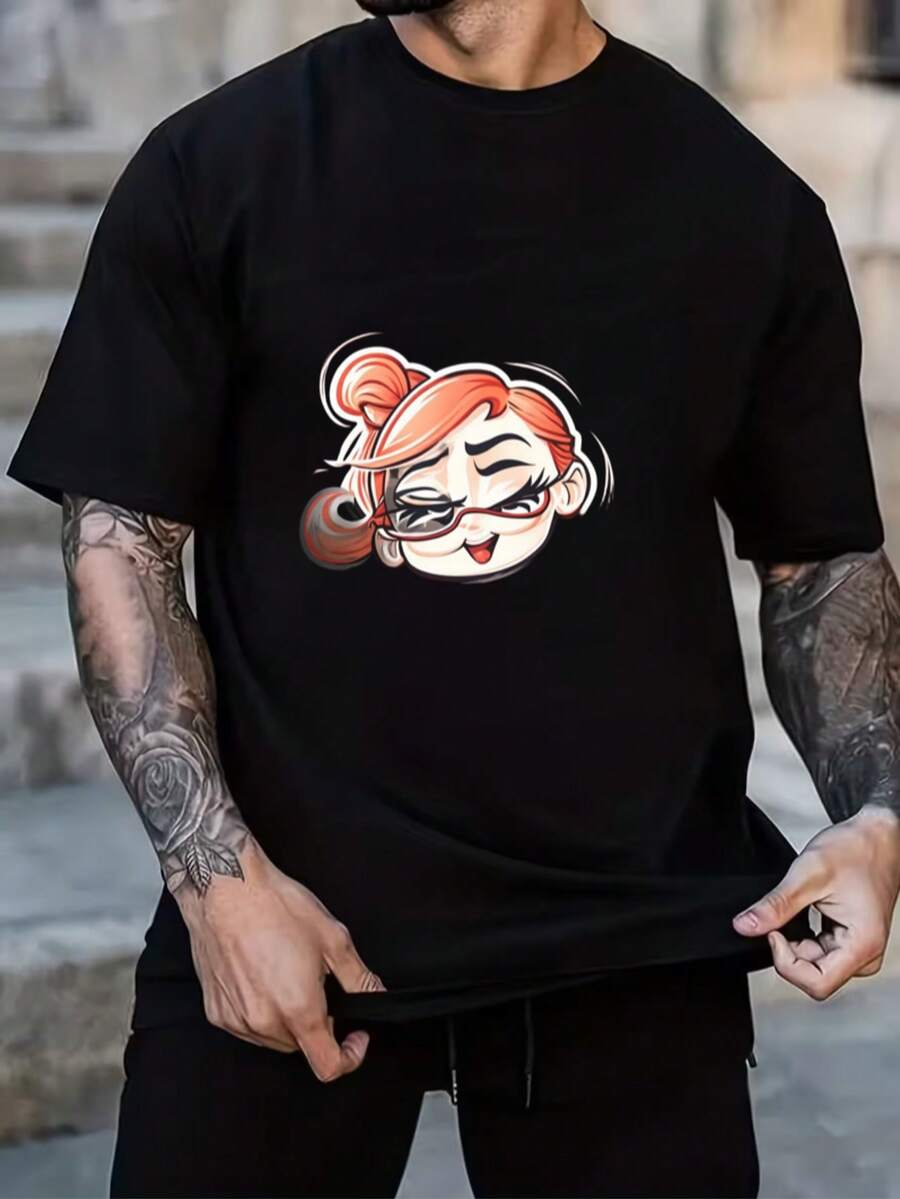 Essential White Short Sleeve T-Shirt With Cartoon Girl Pattern - Black - View 1