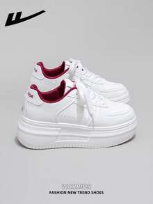 WARRIOR Women's Thick Sole Lace-Up Soft Bottom Casual Sneakers, Low-Top Flat Outdoor Shoes, Summer Commuter Shoes, Round Toe Low Heel Non-Slip Solid Color Elegant Soft Sole Shoes For Hiking, Suitable For Students Graduation Photos, Women's Low-Top Microfiber Sports Skateboard Shoes - White/Wine Red - View 4