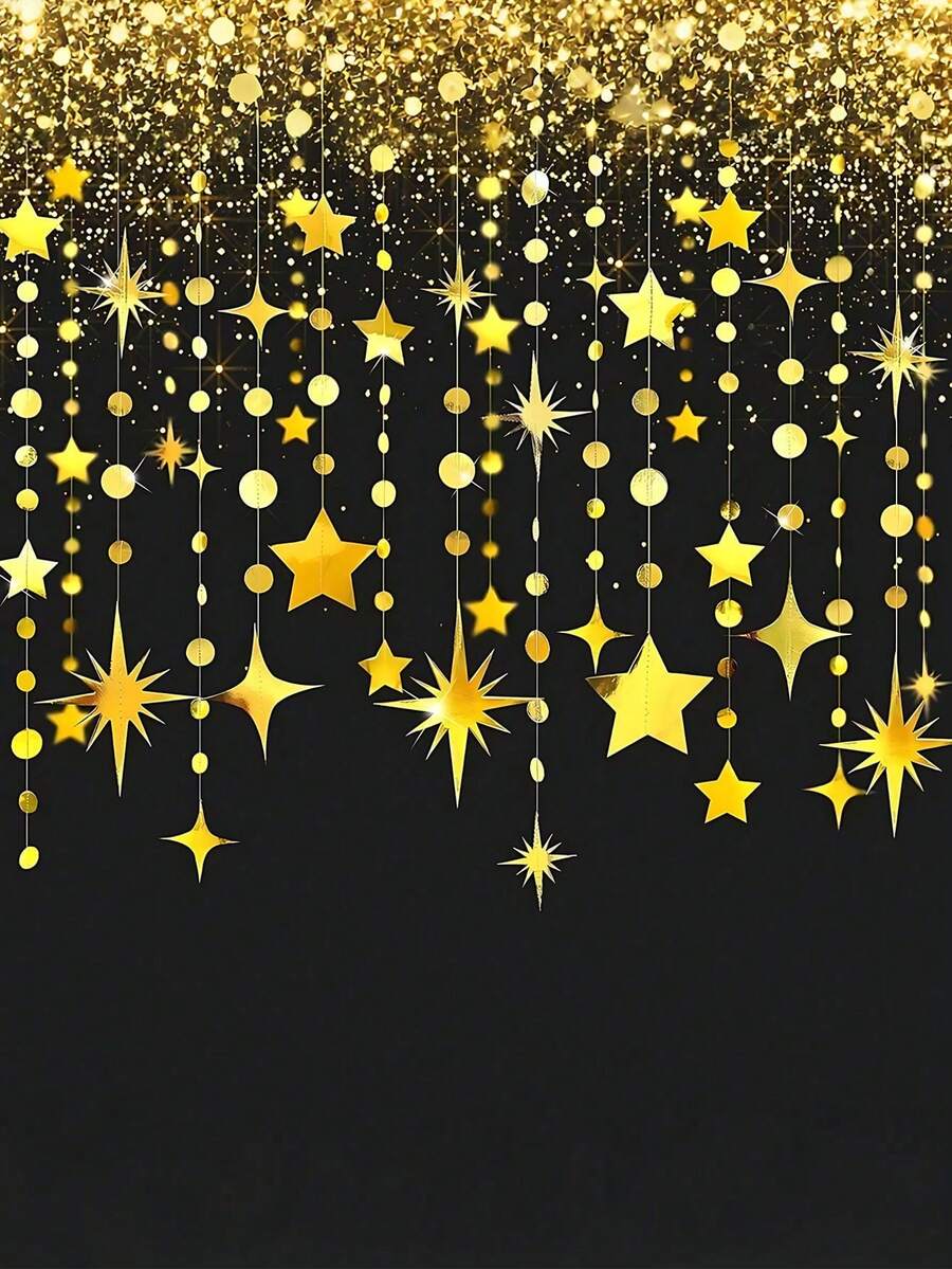 11.5ft Gold Metallic Star, Crescent Moon & Polka Dot Party Streamers, Eid Mubarak, Birthday, Engagement, Wedding Decor, Baby Shower Backdrop, Boho Party Hanging Ornaments, Holiday Shiny Gold Foil Ribbon Photo Props - Multicolor - View 1