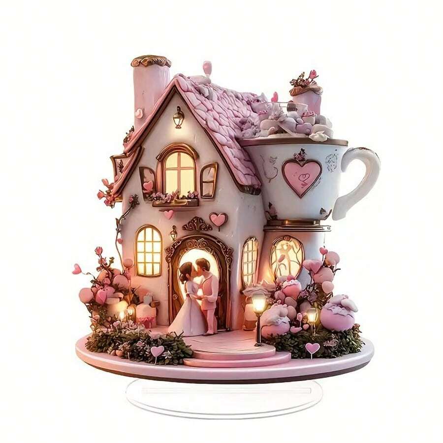 2D Acrylic Pink Fairy House Couple Wedding Decor, Heart-Shaped Tea Cup Design Desktop Ornament - Multicolor - View 1