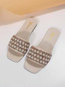 Sandalias planas con aplicaciones de rhinestones para mujer de talla grande, versátiles y casuales para uso en exteriores con suela antideslizante - Blanco - Ver 5