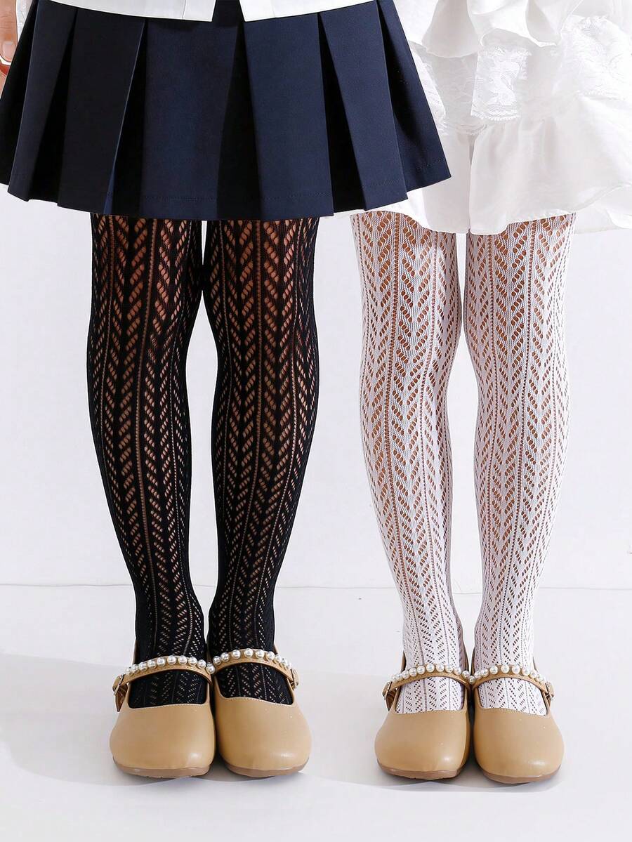2pcs Baby/Toddler Girls' Fishnet Hollow Out Tights, Minimalist Black And White All-Match Colors, Versatile For Any Outfit, Spring/Summer - Black and White - View 1