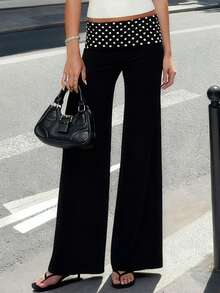 Women Y2K Loose Pants Polka Dot Waistband Low Waist Wide Leg Trousers for Daily Casual - Negro - Ver 2