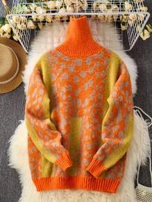 女士秋冬宽松高领豹纹毛衣，涤纶厚针织休闲时尚款 - 橘色 - 查看 4