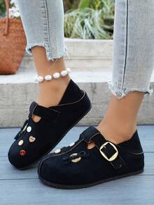 2026 New Women Cartoon Button Slip-On Casual Flat Soft Bottom Loafers - Black - View 4