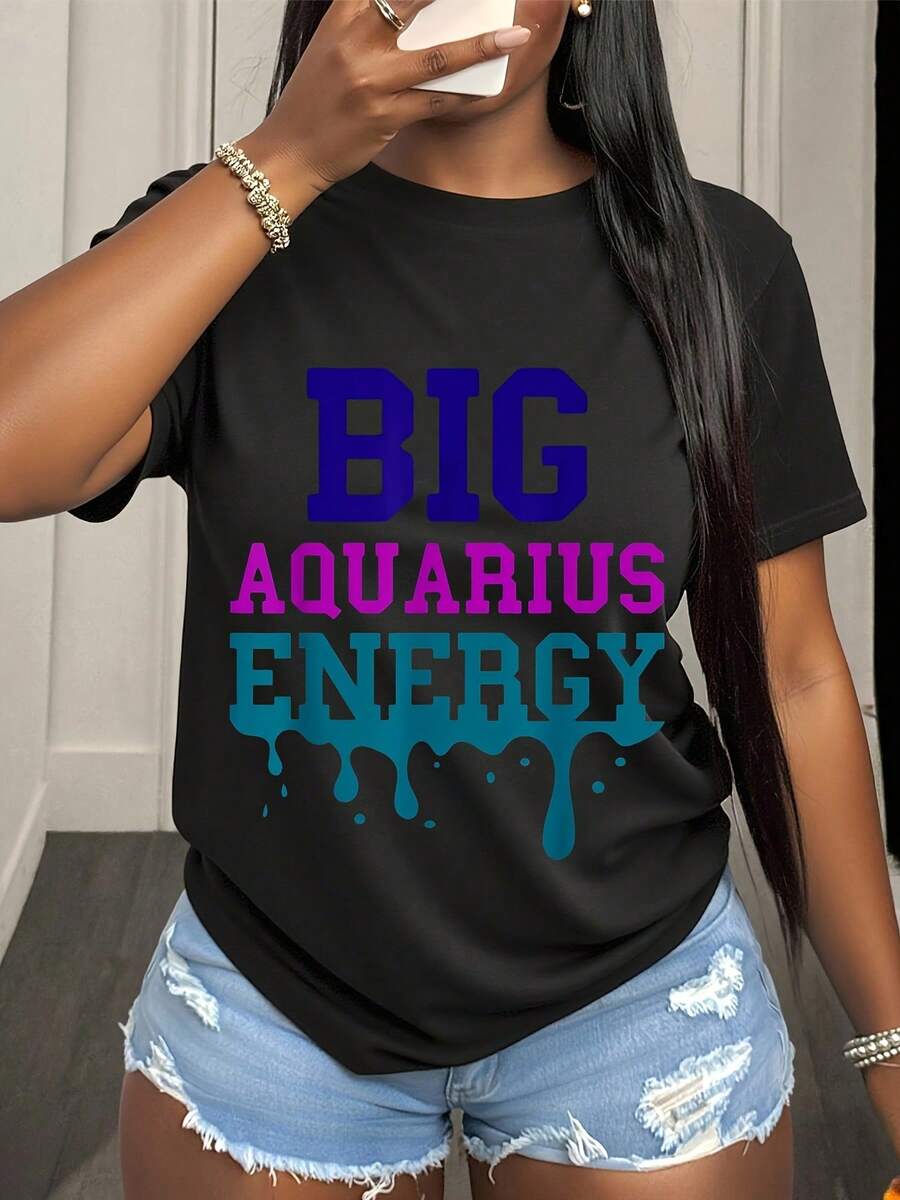 Big Aquarius Energy Zodiac Sign Statement Shirt For Women Astrology Inspired Graphic Tee With Bold Typography And Drip Design Perfect For Expressing Your Star Sign Personality And Cosmic Vibes Everyday Wear Or Gift Idea For Aquarius Lovers - 黑色4 - 查看 1