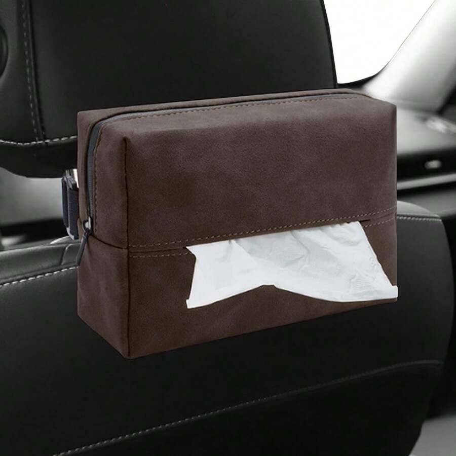 Brown Rectangular Car Tissue Holder With Elastic Band Back Seat Organizer - Brown - View 1