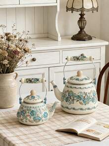 1 buc. Fierbător emailat vintage cu motive florale și mâner ceramic, multifuncțional pentru fierberea apei, cafelei, laptelui, ceaiului pe aragaz, ceai de după-amiază la birou, picnic și camping în aer liber, cadou excelent - Flori albastre - Vizualizare 8