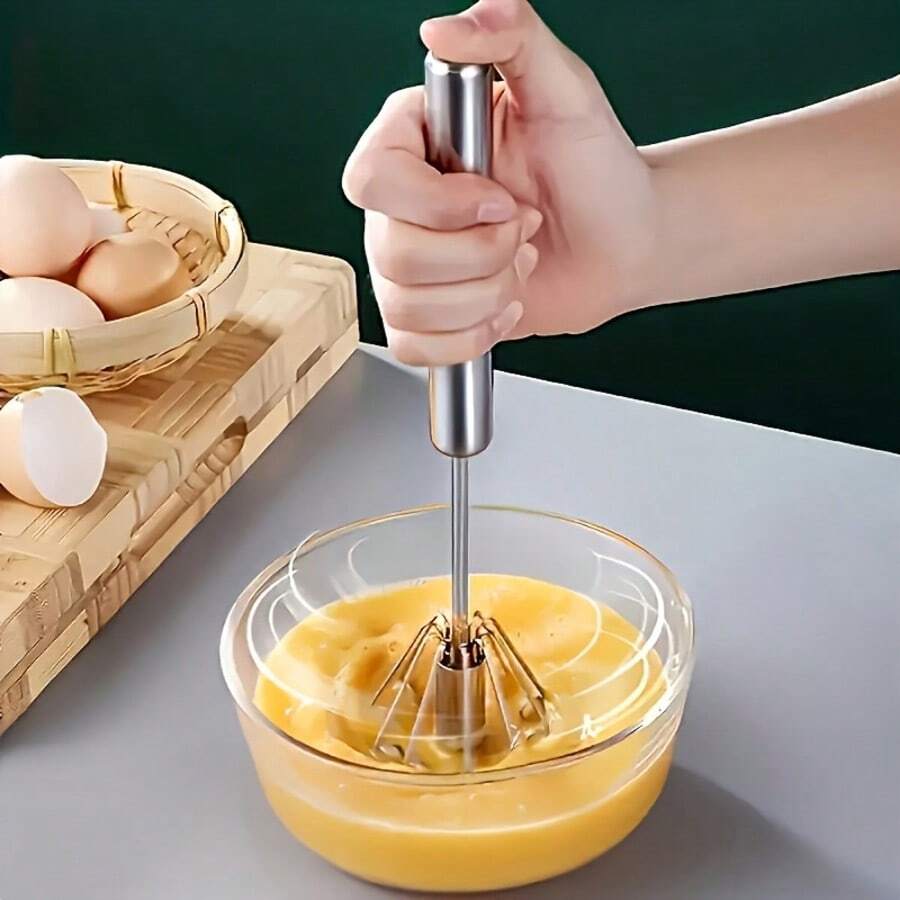 1pc Stainless Steel Semi-Automatic Egg Beater, Hand Pressure & Rotation, Suitable For Eggs, Milk, Dough Mixing, Kitchen Cooking Tool - Multicolor - View 1