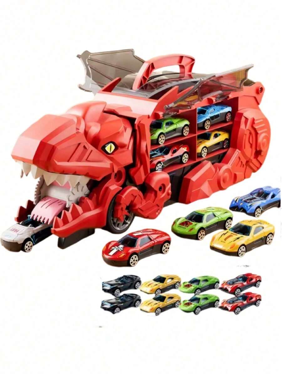 Transportador de dinosaurios plegable con pista de carreras, incluye 8 mini coches, juguete divertido para niños - Rojo - Ver 1