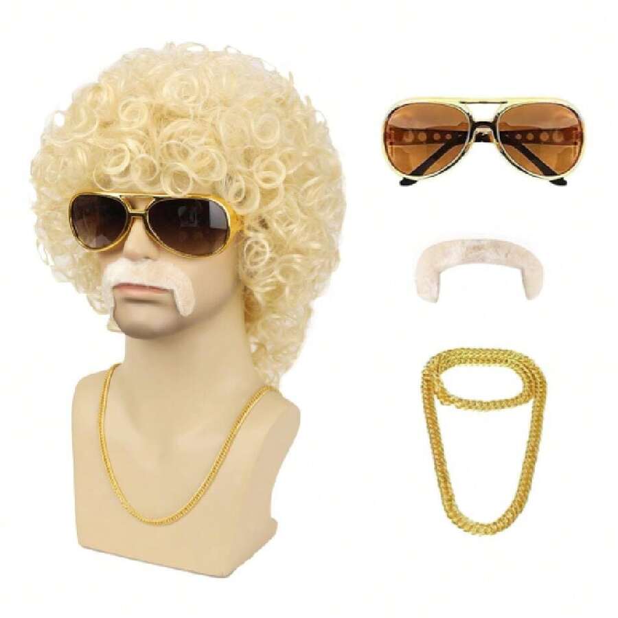 Mens 70s 80s Disco Blonde Curly Wig With Glasses Necklace Mustache And Wig Cap Natural Fluffy For Rocker Halloween Costume Cosplay,37993142 - Red - View 1