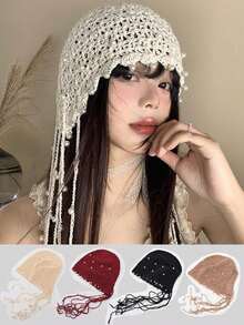 1pc Women's Handmade Crochet Hollow Out Beanie Hat, Lightweight Knitted Tassel Decor Cap, Fashion Headwear For Summer Sun Protection, Boho Style, Suitable For Mother And Daughter, Women Vacation, Halloween - 彩色 - 查看 12