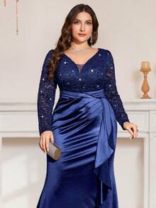 MISSMAY Plus Size Deep V-Neck Sequin Floral Lace Contrast Satin Ruffle Mermaid Hem Formal Party Maxi Dress, Suitable For Valentine's Day, Prom, Wedding Guest, Birthday, Graduation Ceremony, Gala Dinner, Homecoming And Other Occasions - Navy Blue - View 8