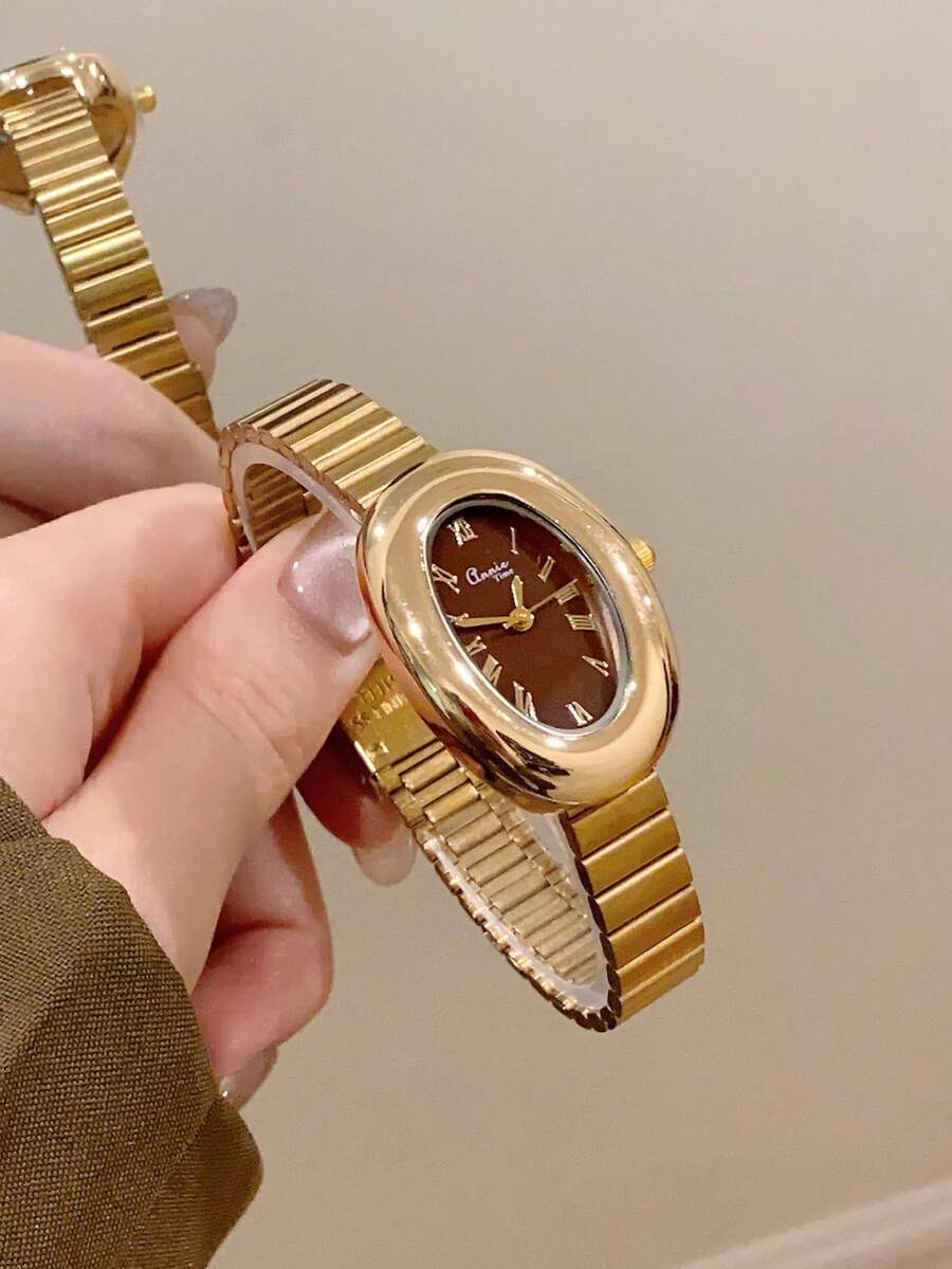 1 件女士椭圆形银黑色表盘金色石英休闲手表,适合日常佩戴 - 金色 - 查看 1