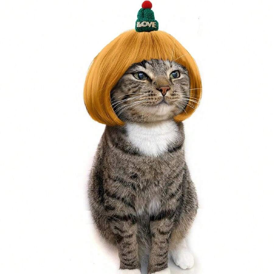 Funny Dog Cat Cosplay Wig, Dog Wigs For Small Medium Dogs,Wigs Cosplay Wigs For Women Wig Install Kit Pet Costume Wig For Halloween Christmas Parties Festivals (Blonde Straight Hair With Green Hat),38049422 - 綠色 - 查看 1