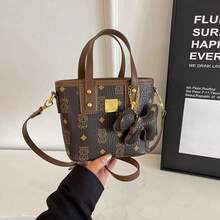 [Nueva]Bolso de hombro para mujer   moda bandolera cruzada bolso de cubo estampado versátil bolso de mano nuevo - Marrón con colgante - Ver 6