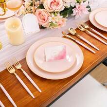 150PCS Clear Silver Plastic Plates & Disposable Silver Plastic Silverware With Glitter Bamboo Handle Cutlery-Baroque Clear Disposable Plates For Wedding & Easter Day & Mother's Day-TrugenixYSN1B - 粉色 - 查看 7