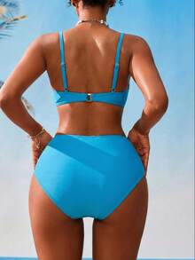 New Sexy Criss-Cross Strap Bikini Set - Padded Bra And High Waist Ruched Thong Panties - Blue - View 2