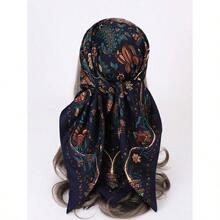 1pc Floral Printed Imitated Silk Twill Scarf Headband For Women, Suitable For Daily Wear Elegant Bandana,Hair Band,Head Band Ideal For Dressing Up Your Look  Winter Fall - 藏蓝色 - 查看 1