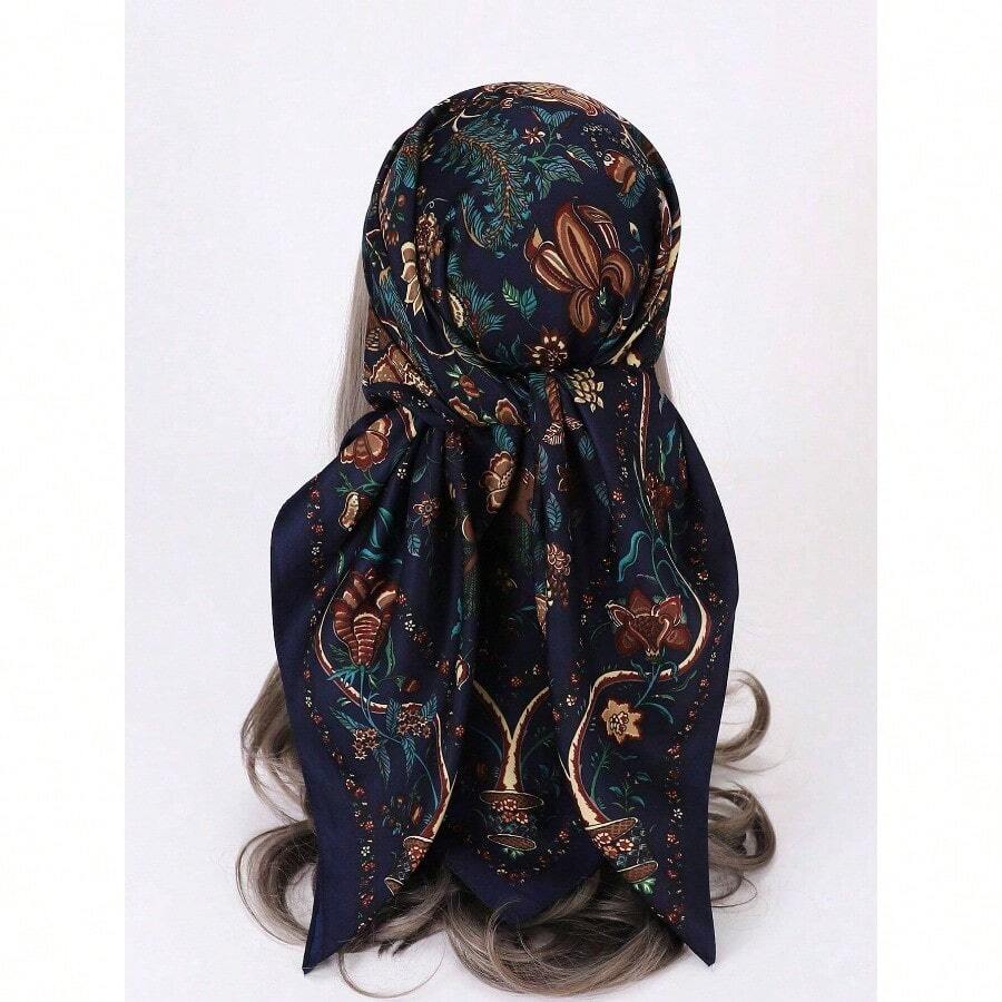 1pc Floral Printed Imitated Silk Twill Scarf Headband For Women, Suitable For Daily Wear Elegant Bandana,Hair Band,Head Band Ideal For Dressing Up Your Look  Winter Fall - 藏蓝色 - 查看 1