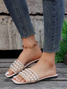 Sandalias planas con aplicaciones de rhinestones para mujer de talla grande, versátiles y casuales para uso en exteriores con suela antideslizante - Blanco - Ver 3