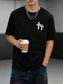 YUNCHIC - Men's Loose Off-Shoulder Printed T-Shirt, Spring/Summer - 黑色 - 查看 3