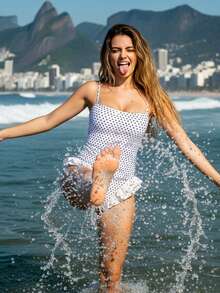 Women Monokini Bathing Suit Solid Color Spaghetti Strap Ruffles Sleeveless Swimsuits Summer Swimwear Bikini - lunares blancos - Ver 2