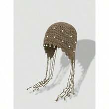 1pc Women's Handmade Crochet Hollow Out Beanie Hat, Lightweight Knitted Tassel Decor Cap, Fashion Headwear For Summer Sun Protection, Boho Style, Suitable For Mother And Daughter, Women Vacation, Halloween - 彩色 - 查看 6