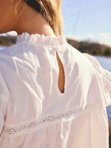 Cute Y2K Puff Sleeve Crop Top, White Sheer Lace Patchwork, Ruffle Hem Design, Suitable For Daily, Vacation, Holiday Wear Summer - White - View 3