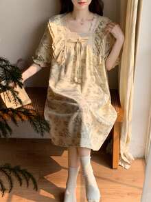 Women's Sleepwear Dress, Solid Color Square Neck Nightgown With Bow Decor, Contrast Color Cute Cartoon Casual Sleepwear Dress, Suitable For Spring And Summer Home Leisure - Apricot - View 7