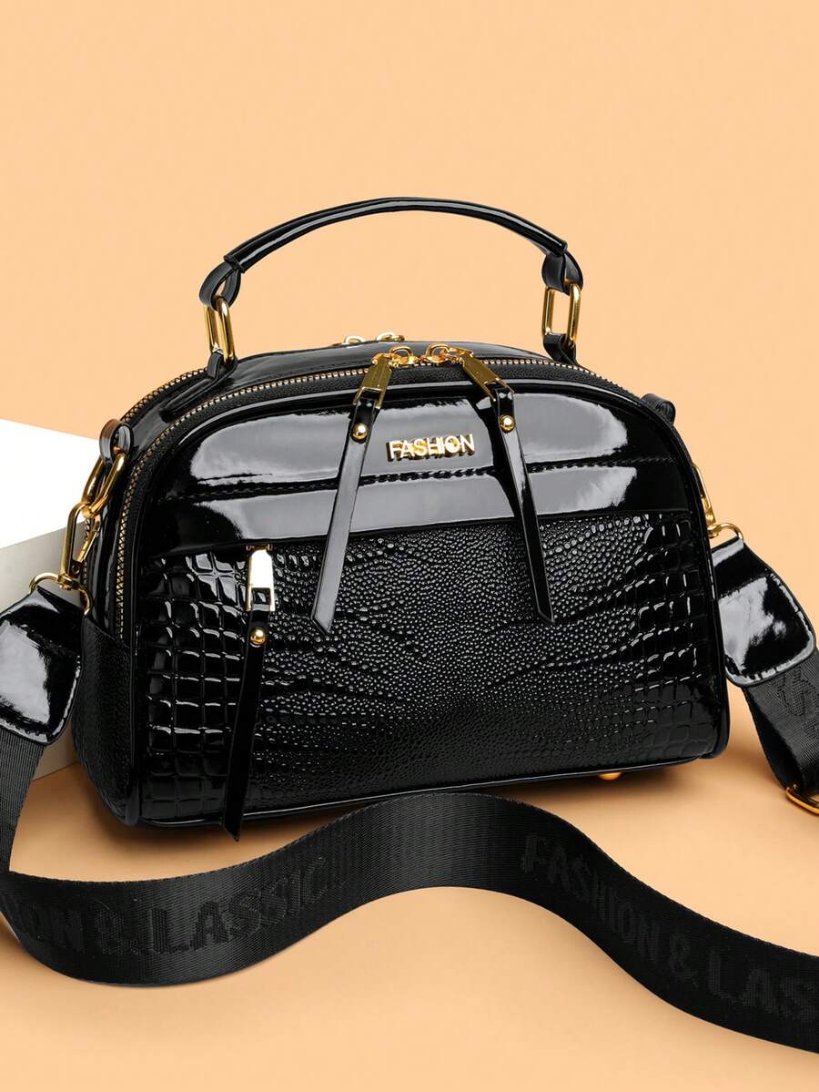 Women's Solid Color PU Adjustable Shoulder Strap Shoulder Diagonal Crossbody Bag, Crocodile Embossed Fashion Large Capacity Handbag - Black - View 1