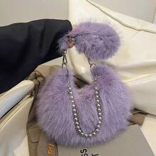 [Oferta exclusiva]Bolso cruzado de mujer con perlas y cadena de pelo suave versátil para el otoño e invierno estilo coreano - Morado - Ver 2