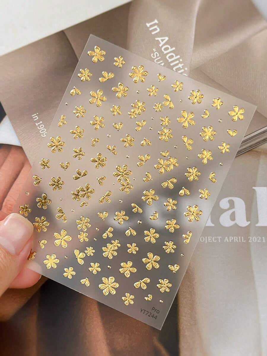 花朵美甲贴纸，1张烫金银色5D立体浮雕自粘DIY美甲贴纸 - 适合女孩和女士的美甲用品和美甲饰品 - 春夏美甲，适合家庭美甲沙龙